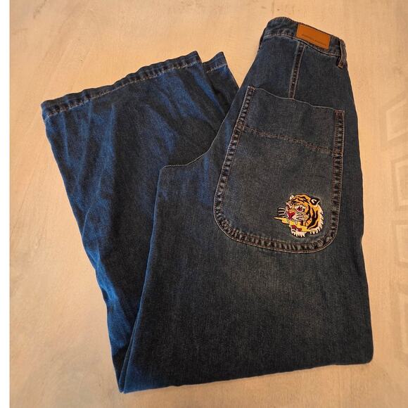 Austin Landing "JNCO Style" Wide Leg Baggy Denim Jeans SZ 3 Tiger Patch - Picture 1 of 10